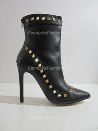 Black Stiletto Heel Gold Studded Ankle Boots