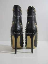 Black Stiletto Heel Gold Studded Ankle Boots
