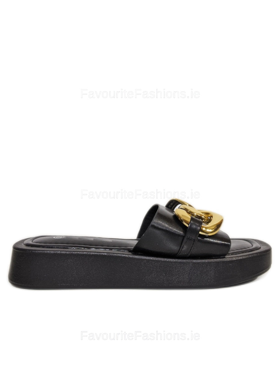 Black Thick Sole Platform Sliders with Gold Buckle 