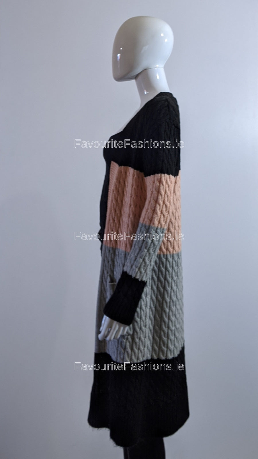 Black Three Tone Cable Knit Long Open Cardigan