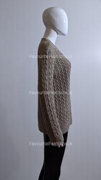 Brown V-Neck Cable Knit Jumper