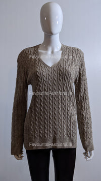 Brown V-Neck Cable Knit Jumper