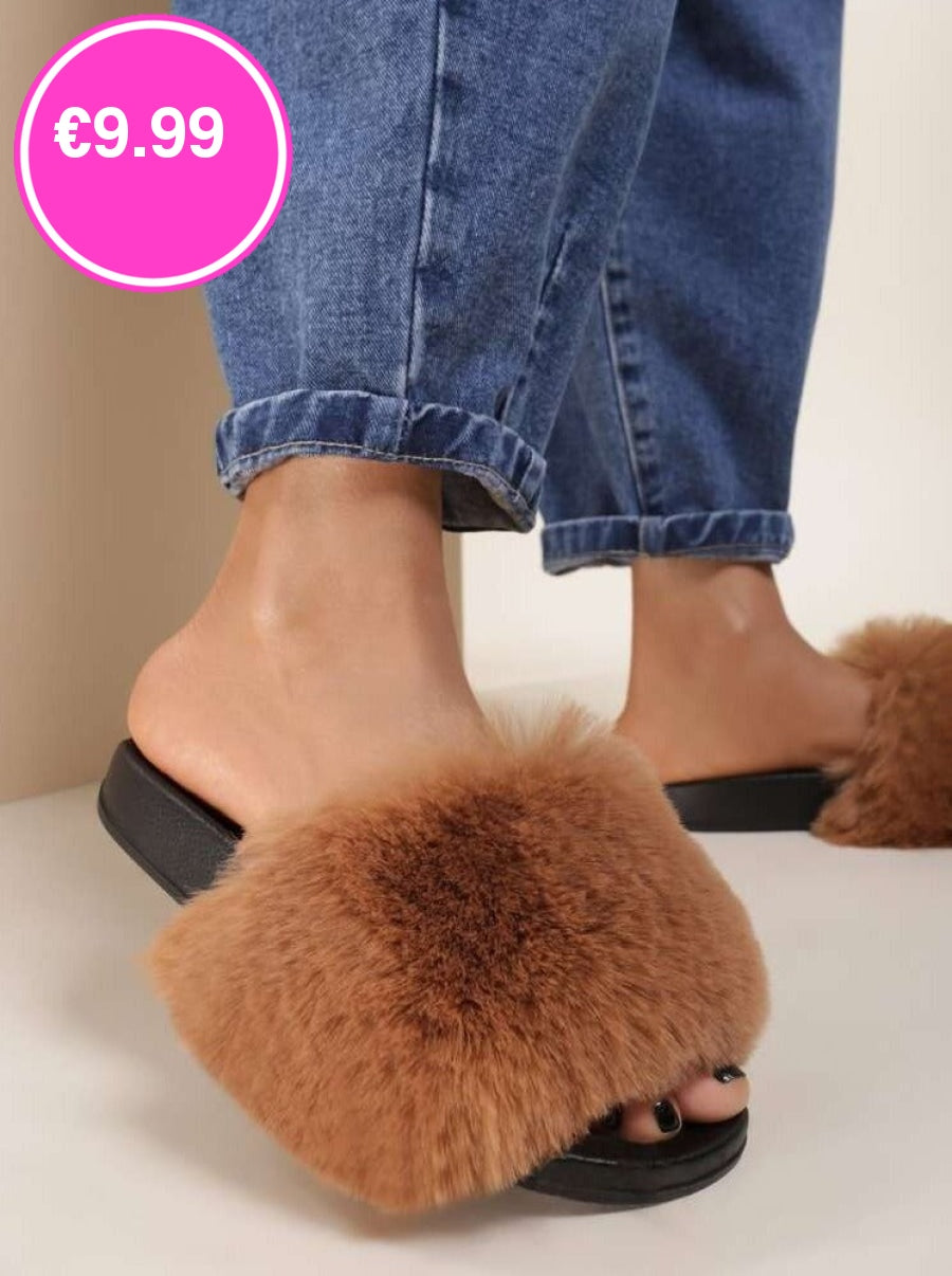 Camel Faux Fur Fluffy Sliders FavouriteFashions.ie