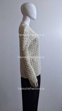 Cream V-Neck Cable Knit Jumper