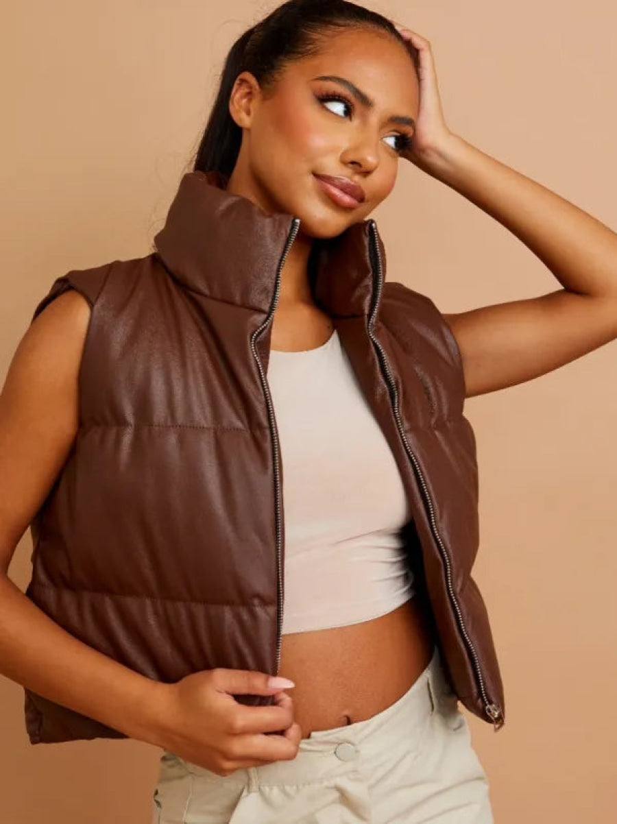 Dark Chocolate PU Down Fill Padded Cropped Gilet