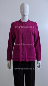 Fuchsia Round Neck Button Pocket Cardigan