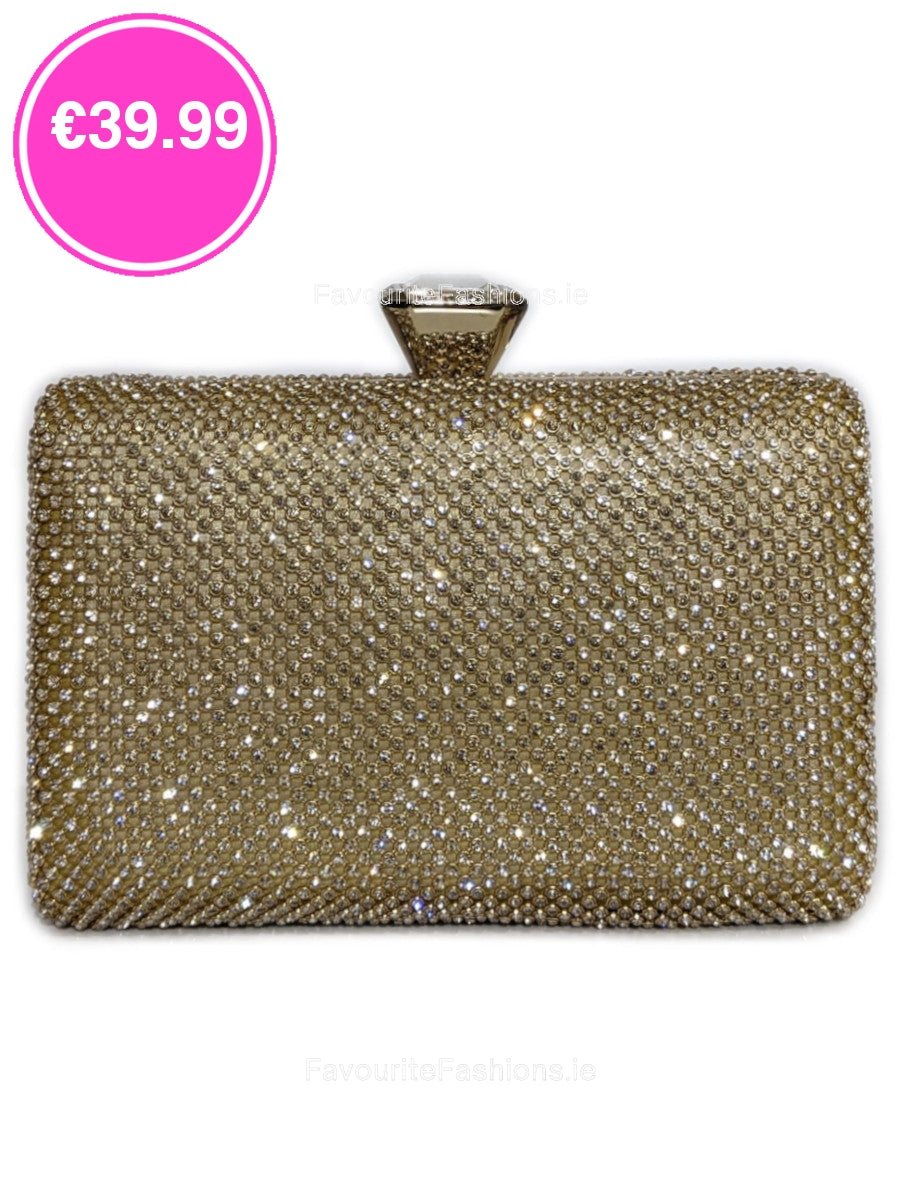 Gold Diamante Embellised Diamond Detail Clutch Bag