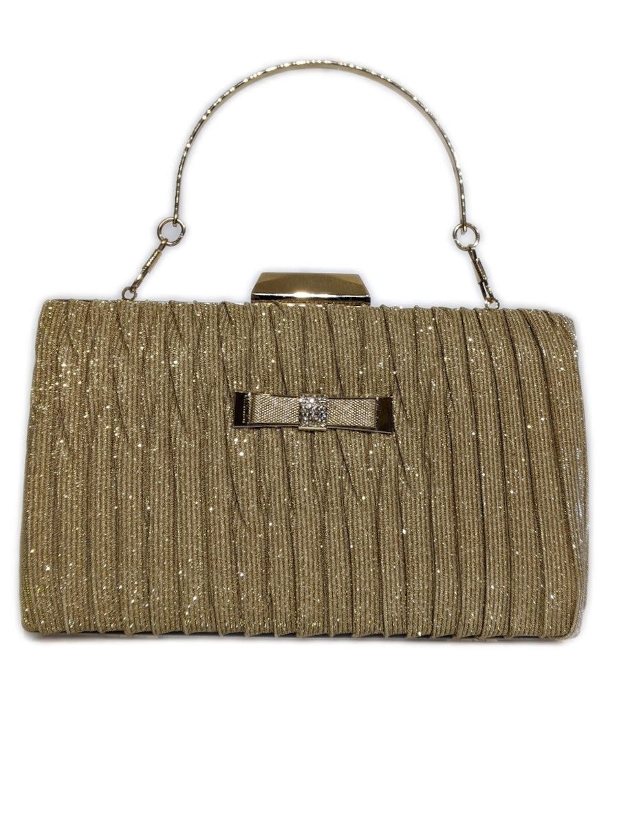 Gold Pleated Glitter Clutch Bag with Handle