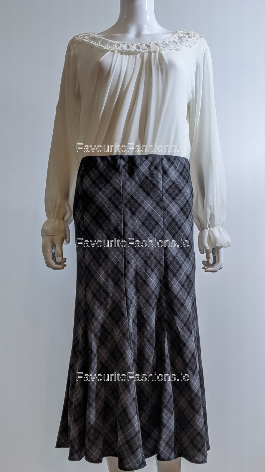 Grey & Black Elasticated Lined A-Line Checked Tartan Skirt