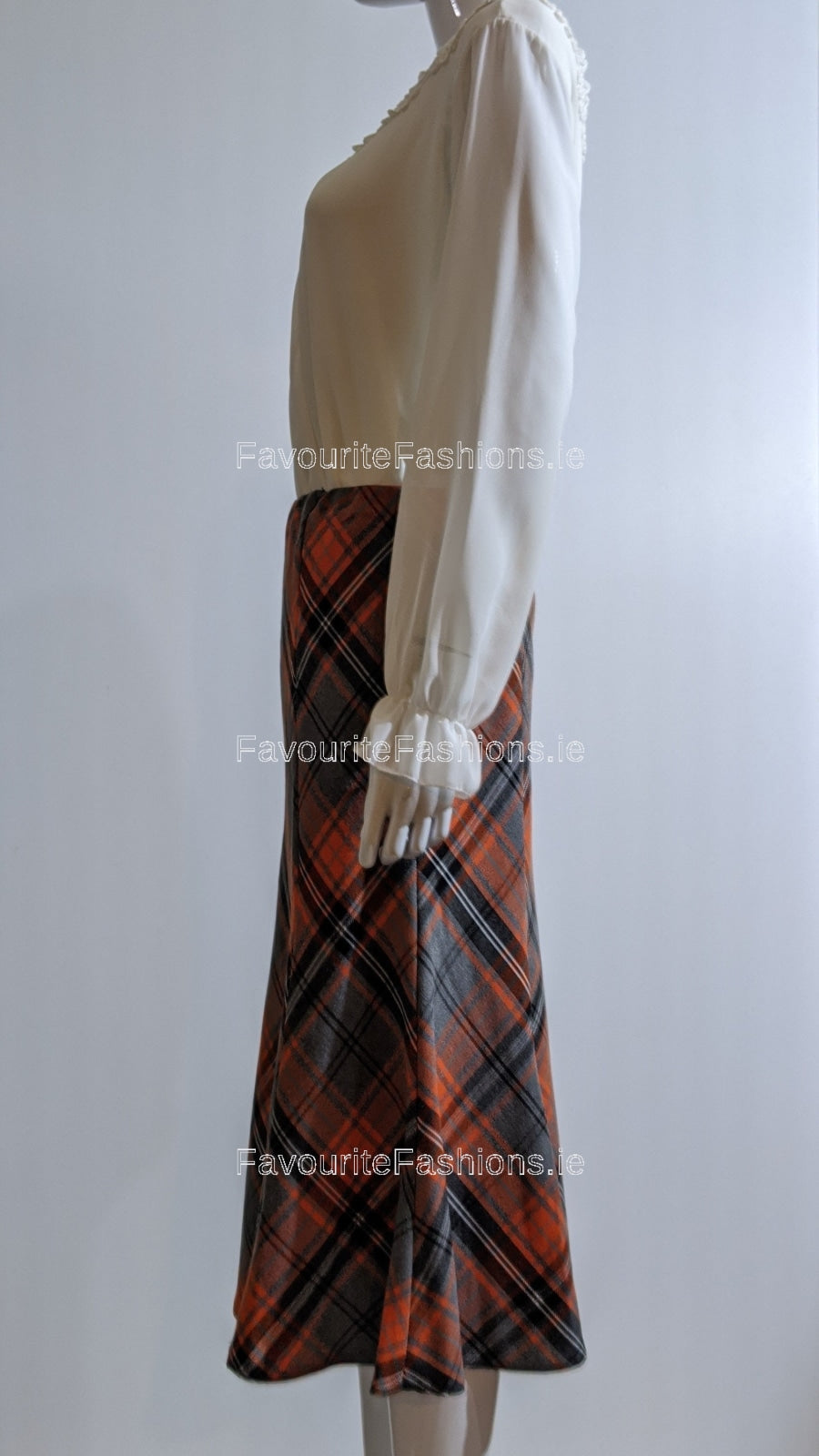 Grey & Orange Elasticated Lined A-Line Checked Tartan Skirt