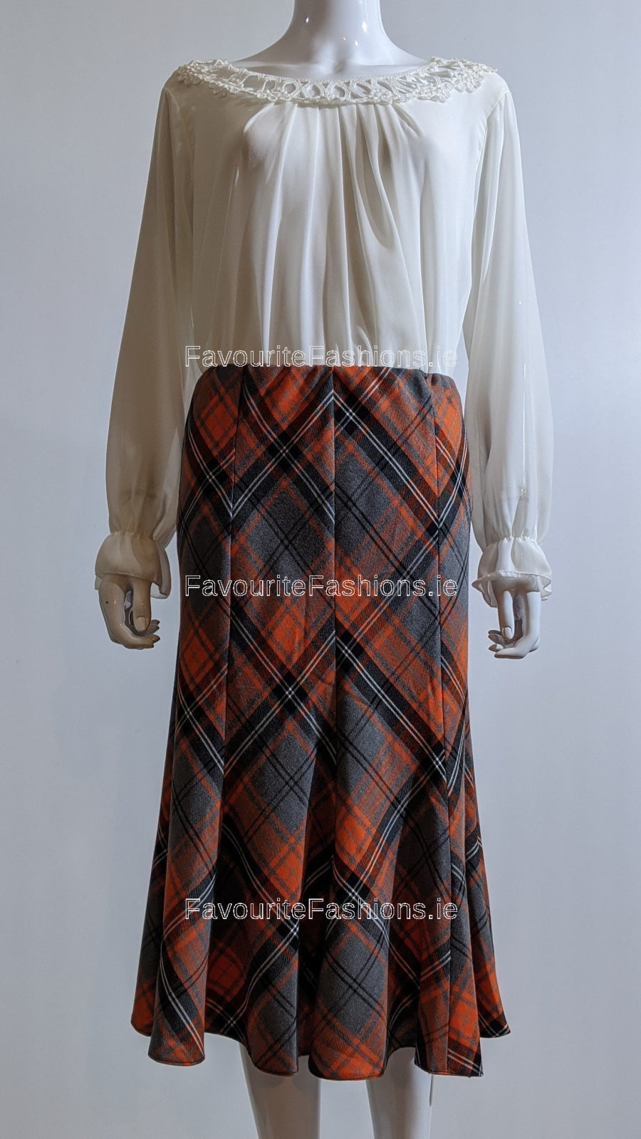 Grey & Orange Elasticated Lined A-Line Checked Tartan Skirt