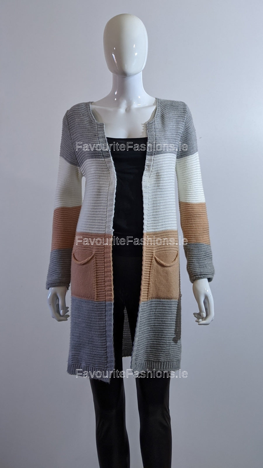 Grey Three Tone Knitted Open Cardigan