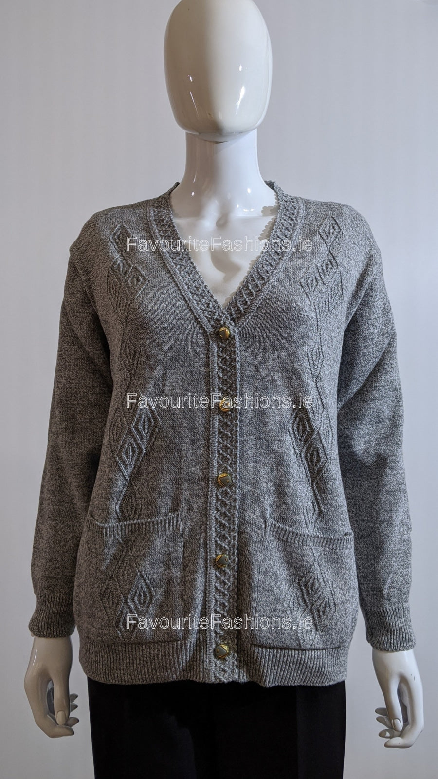 Grey V-Neck Diamond Design Cardigan with Pockets