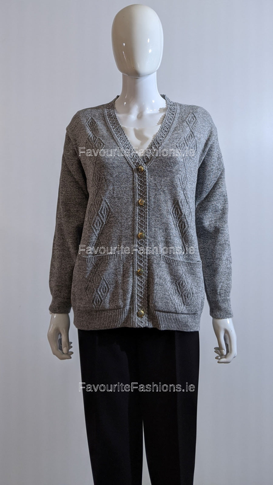 Grey V-Neck Diamond Design Cardigan with Pockets