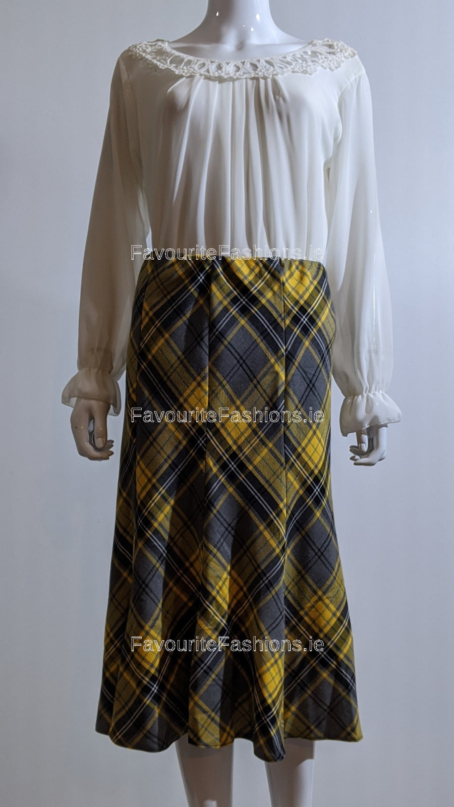 Grey & Yellow Elasticated Lined A-Line Checked Tartan Skirt