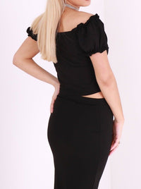 Black Ruffle Bardot Crop Top