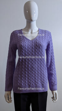 Lavender V-Neck Cable Knit Jumper