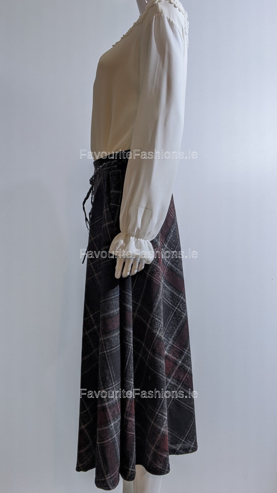 Maroon & Black Check Belted A-Line Skirt