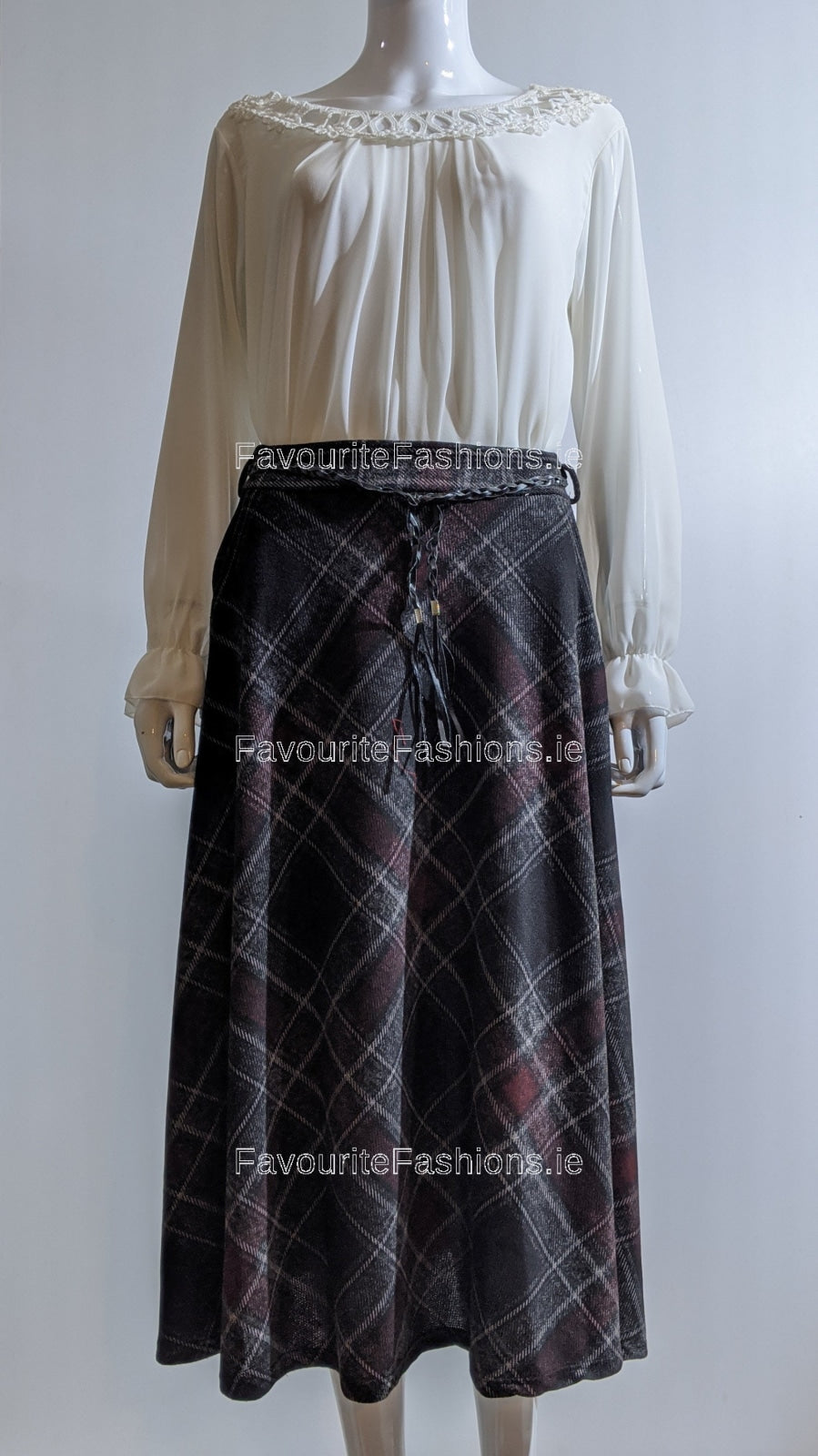 Maroon & Black Check Belted A-Line Skirt