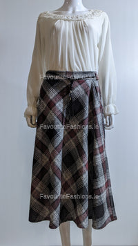 Maroon & White Check Belted A-Line Skirt