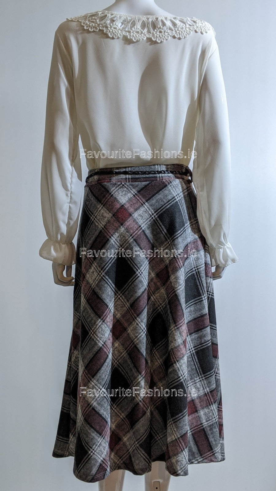 Maroon & White Check Belted A-Line Skirt