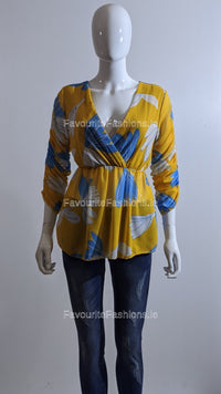 Mustard Floral Wrap Front Top