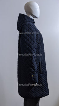 Navy Quilted Hooded Long Coat