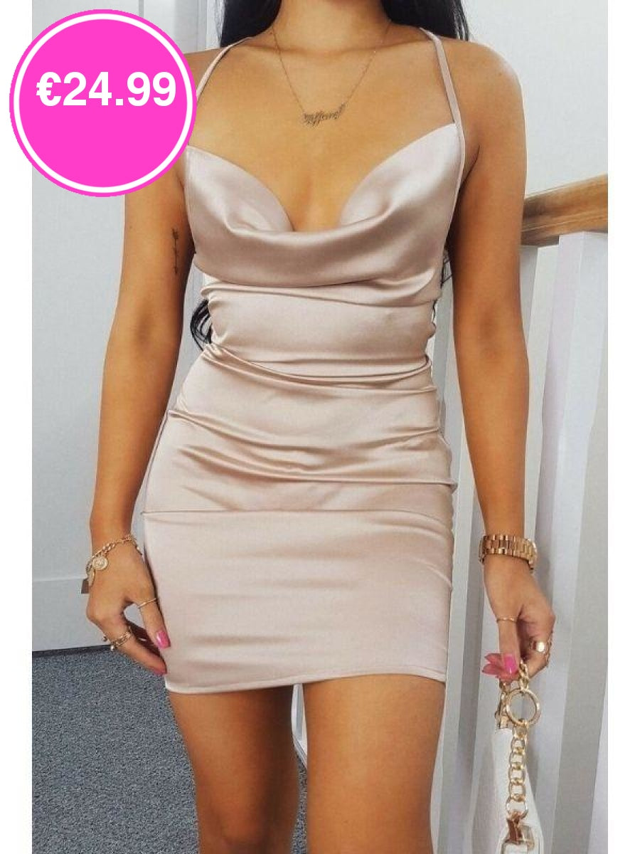 Nude Cowl Neck Bodycon Satin Mini Dress