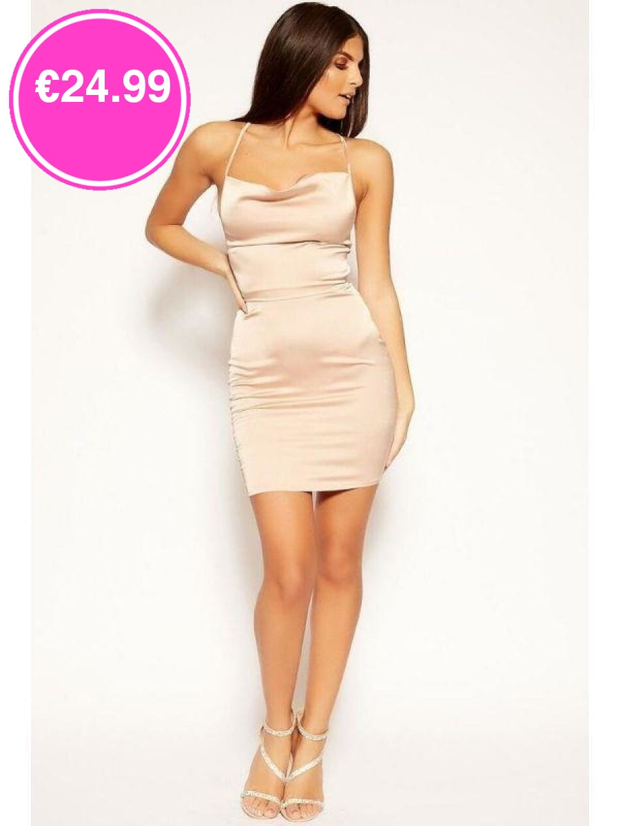 Nude Cowl Neck Bodycon Satin Mini Dress