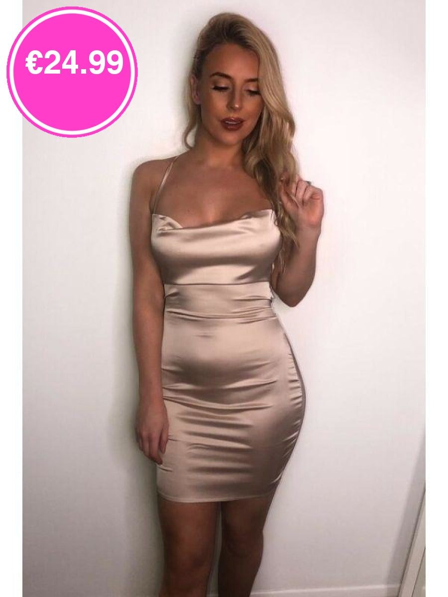 Nude Cowl Neck Bodycon Satin Mini Dress