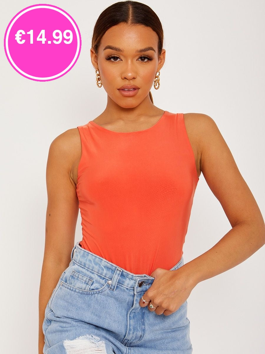 Orange Racer Back Sleeveless Slinky Bodysuit