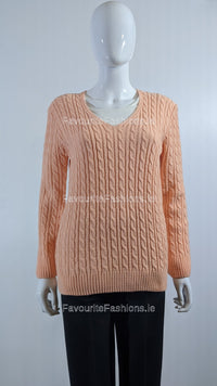 Peach V-Neck Cable Knit Jumper