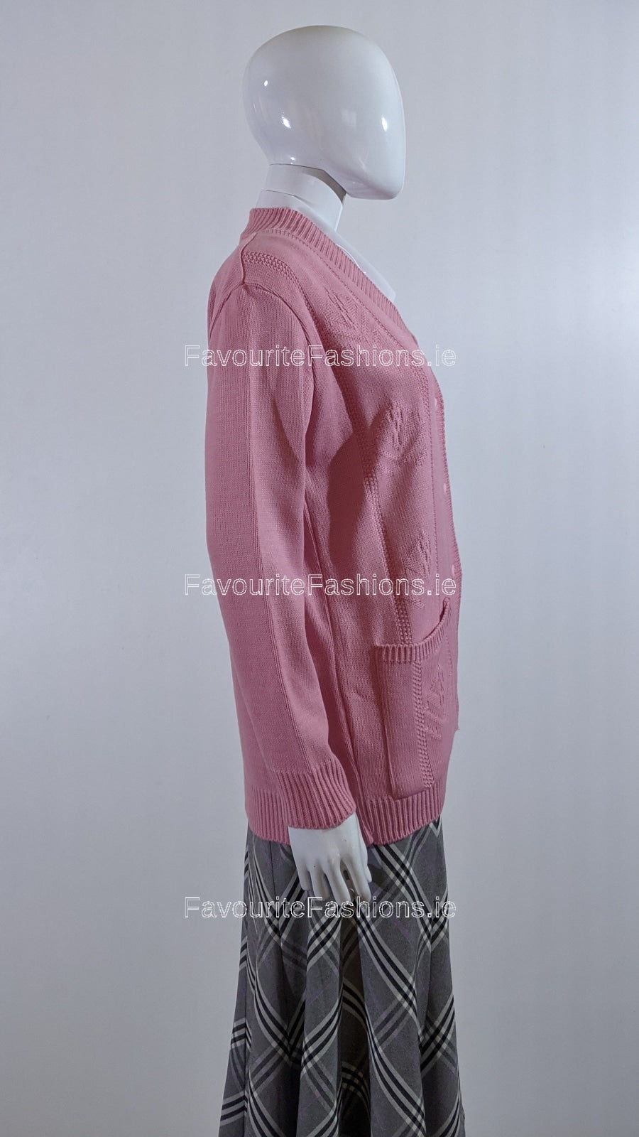 Pink Diamond Design V-Neck Button Cardigan with Pockets