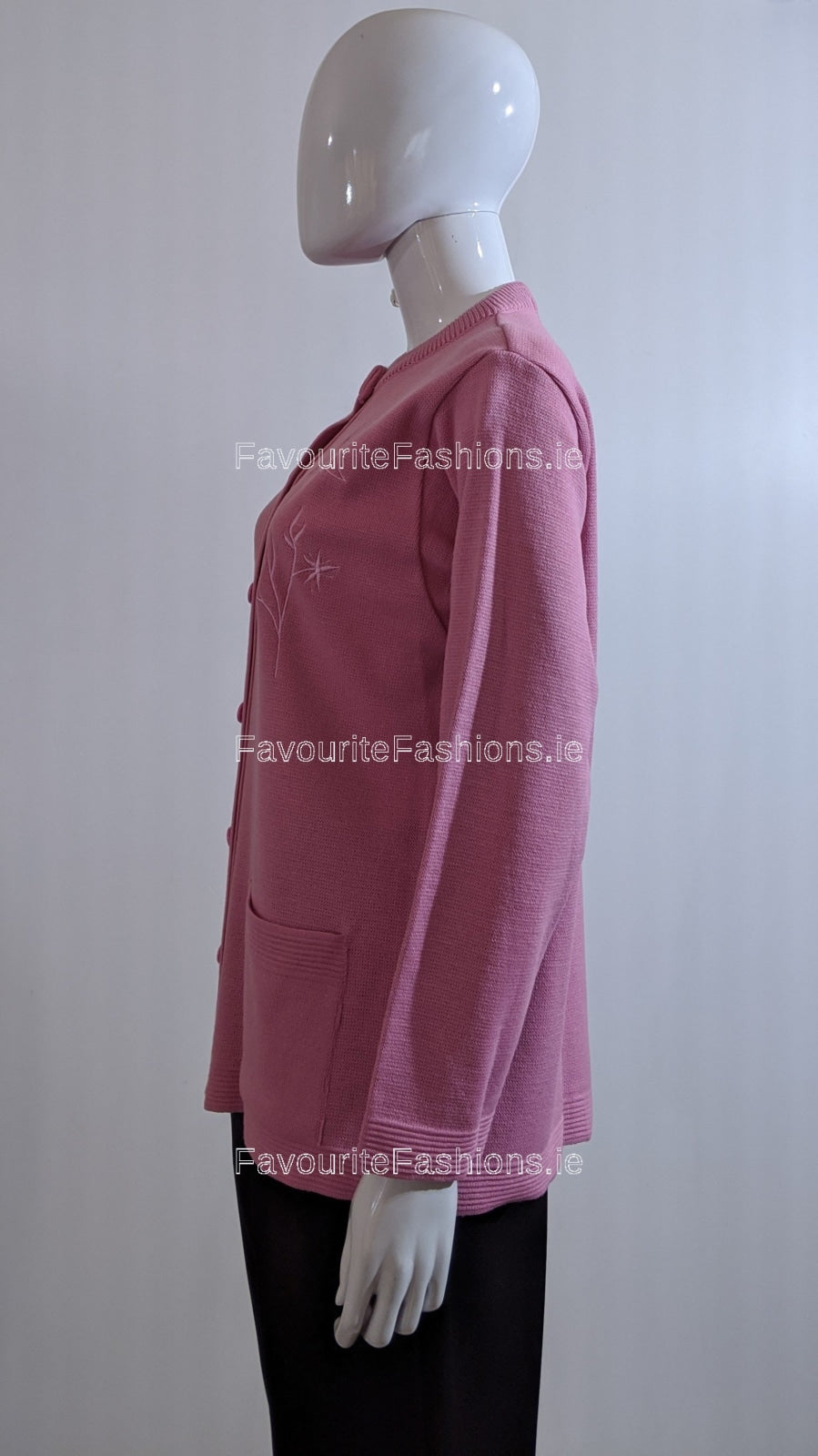 Pink Round Neck Button Pocket Cardigan