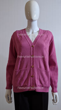 Pink V-Neck Diamond Design Cardigan with Pockets