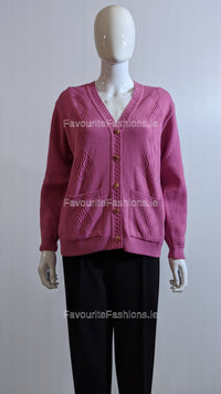 Pink V-Neck Diamond Design Cardigan with Pockets