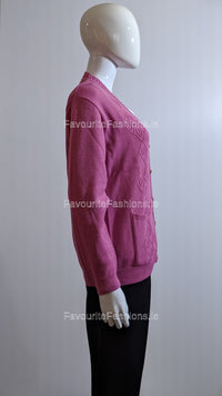 Pink V-Neck Diamond Design Cardigan with Pockets