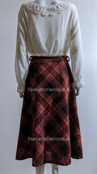 Red & Black Check Belted A-Line Skirt