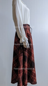 Red & Black Check Belted A-Line Skirt