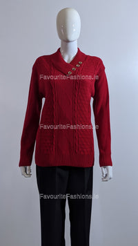 Red Four Button Cable Knit Jumper