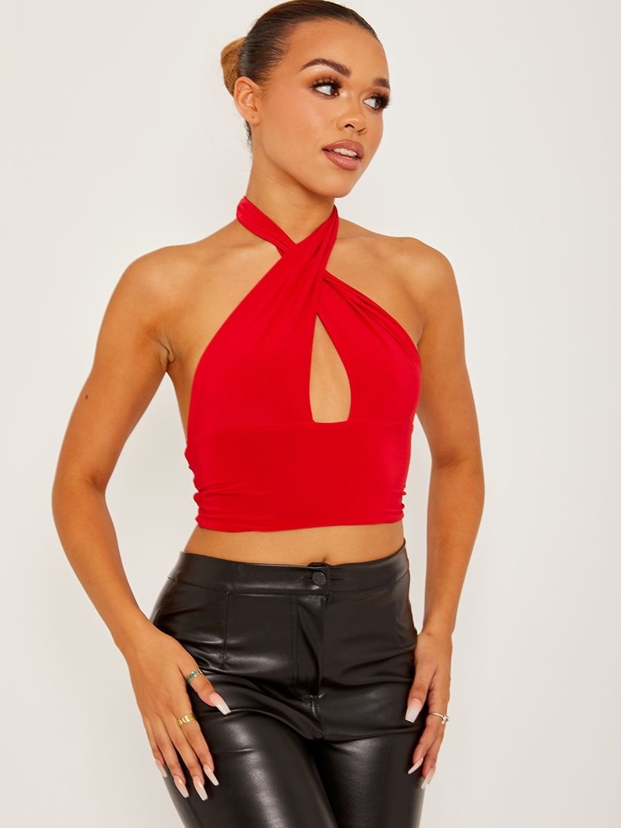 Red high neck hot sale crop top