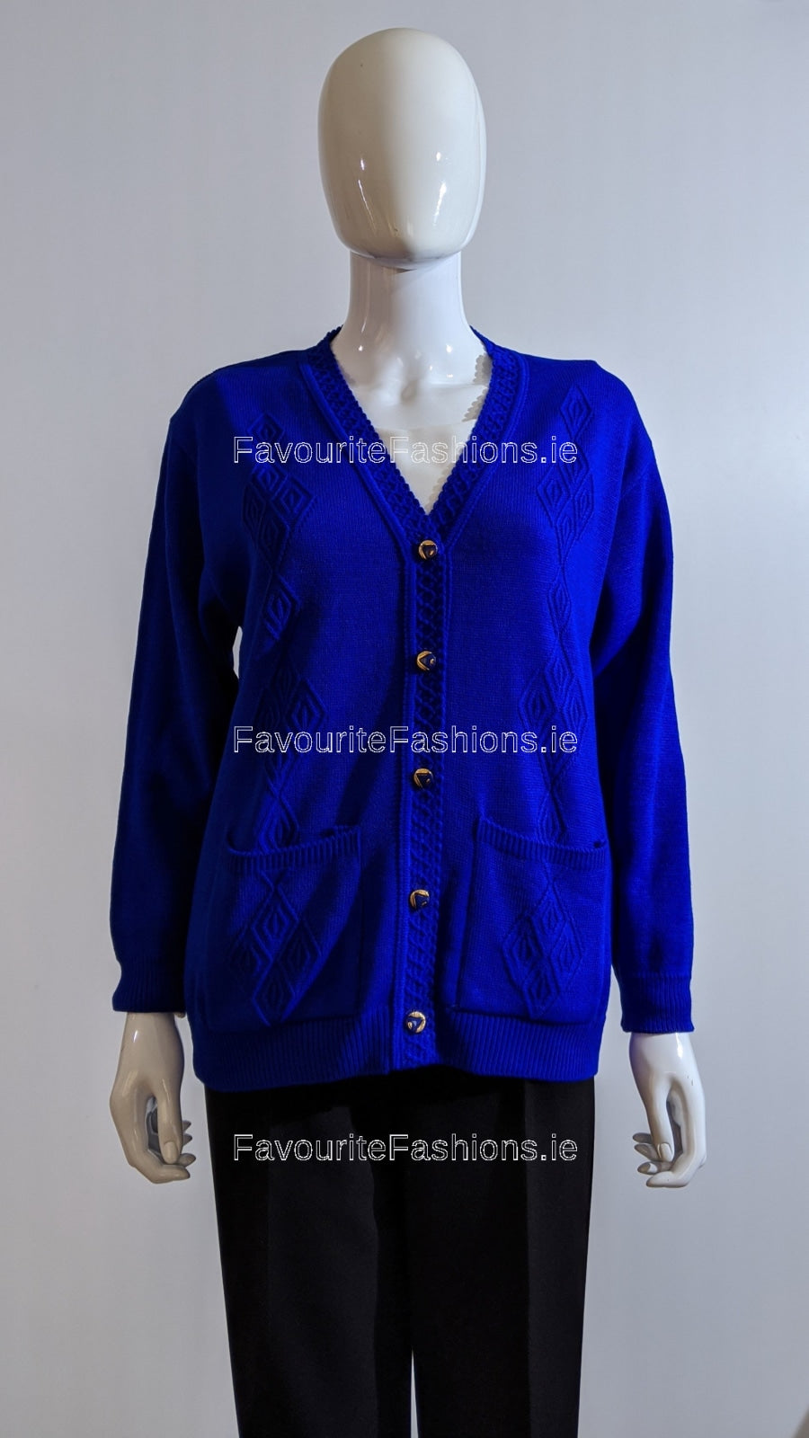 Royal Blue V-Neck Diamond Design Cardigan with Pockets