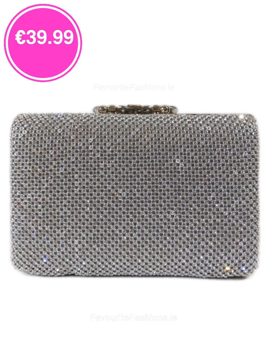 Silver Diamante Embellished Diamond Design Clutch Bag