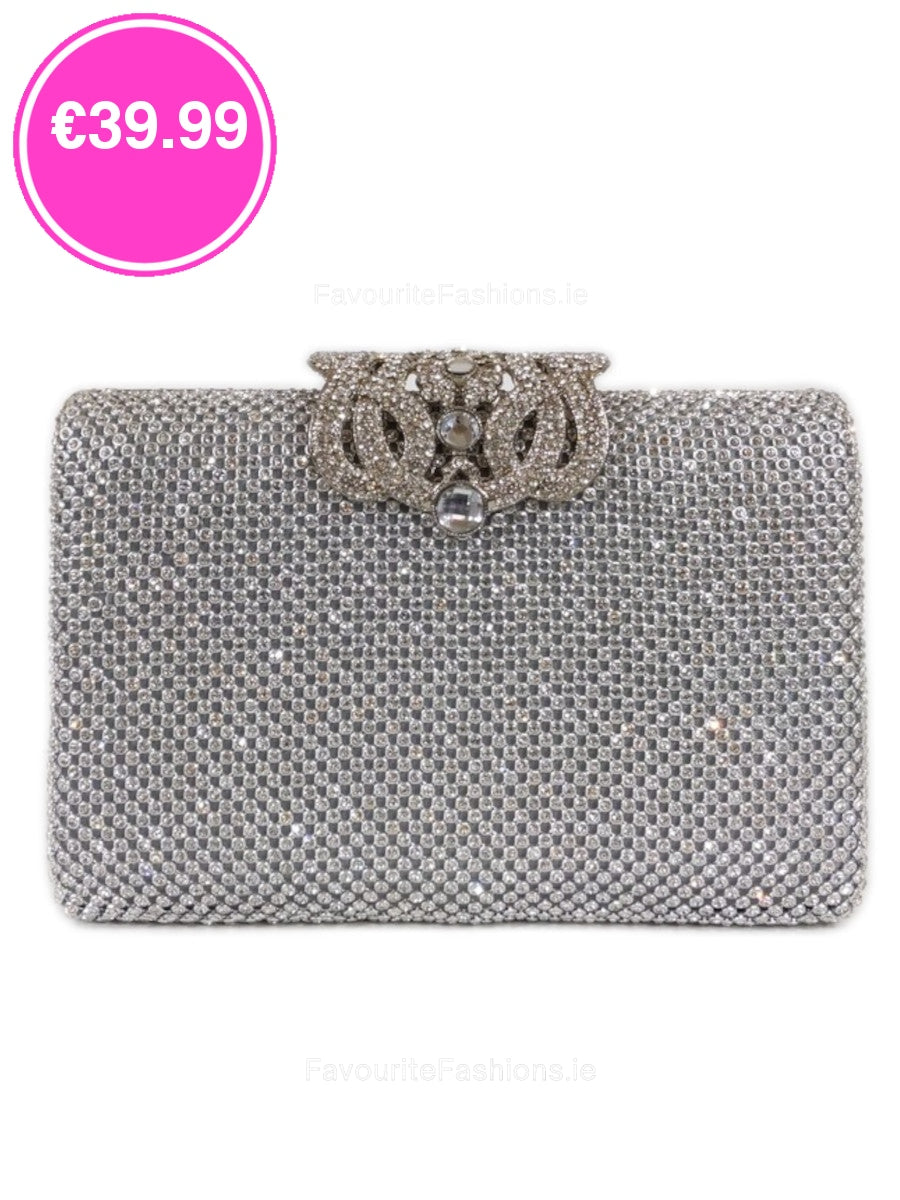 Silver Diamante Embellished Diamond Design Clutch Bag
