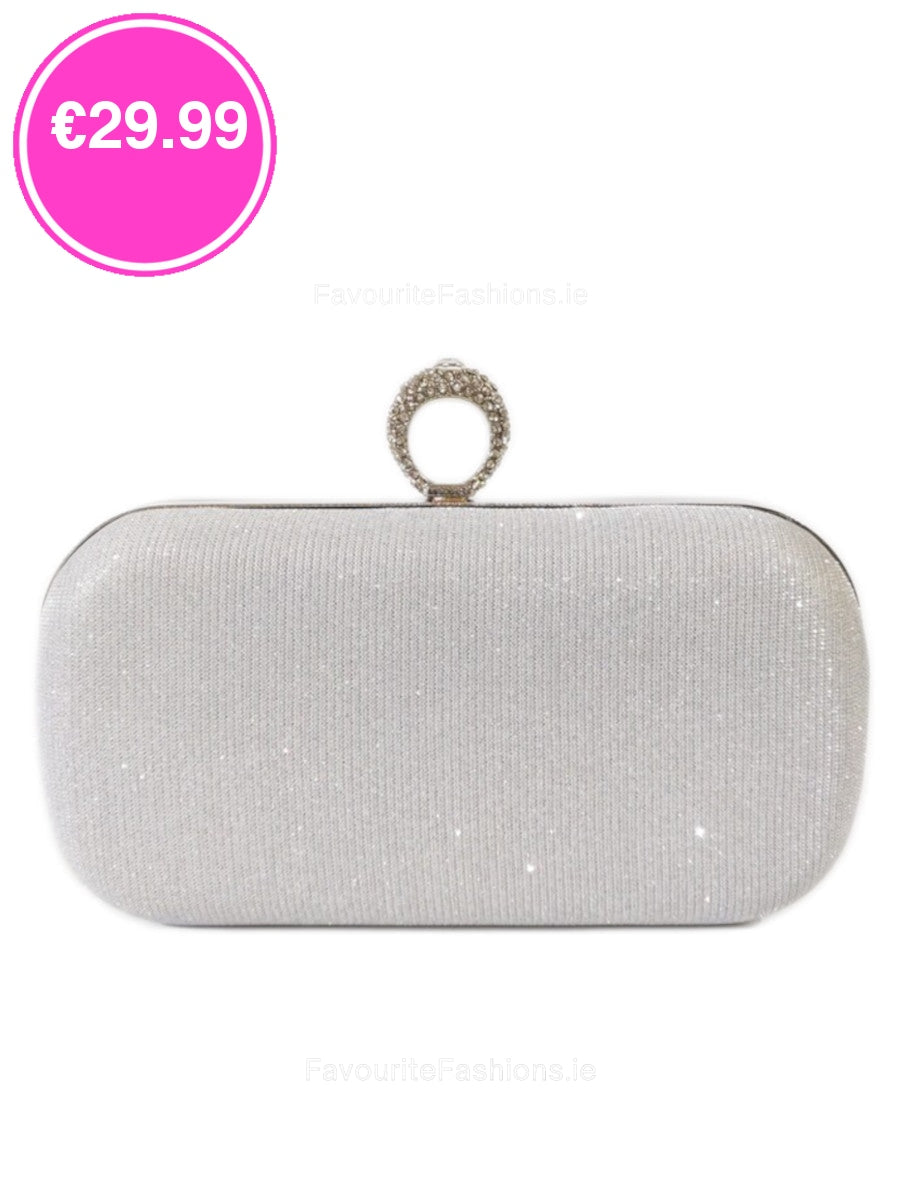 Silver Glitter Diamond Ring Detail Clutch Bag