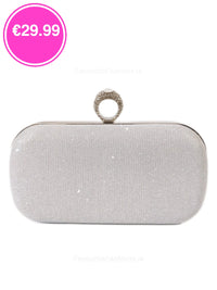 Silver Glitter Diamond Ring Detail Clutch Bag