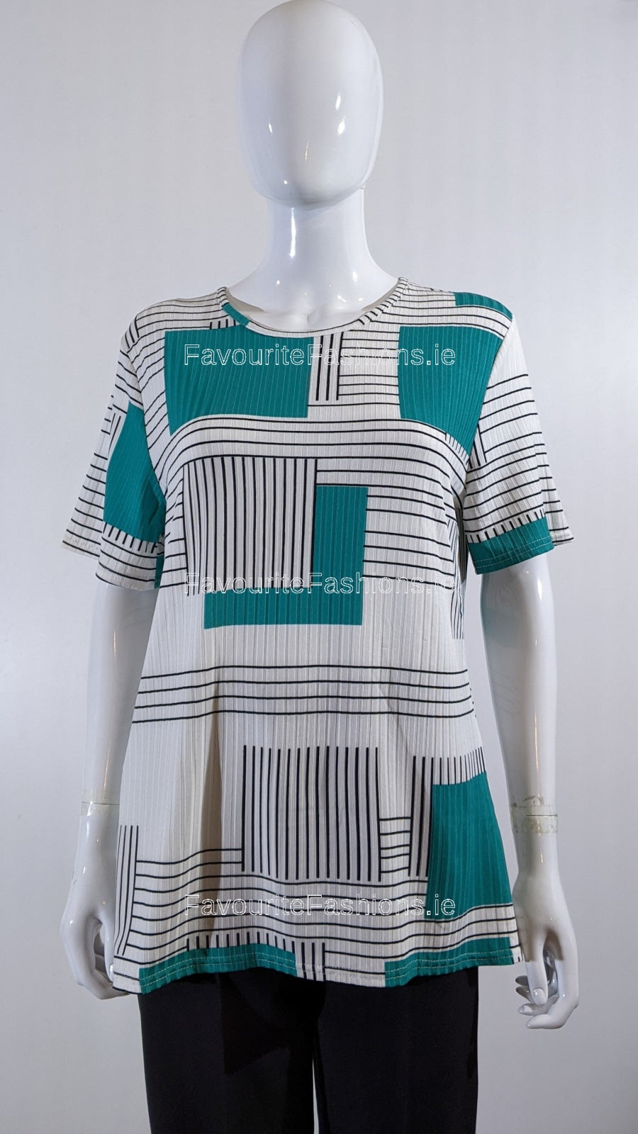 Teal Block Pattern Stripe Short Sleeve Top