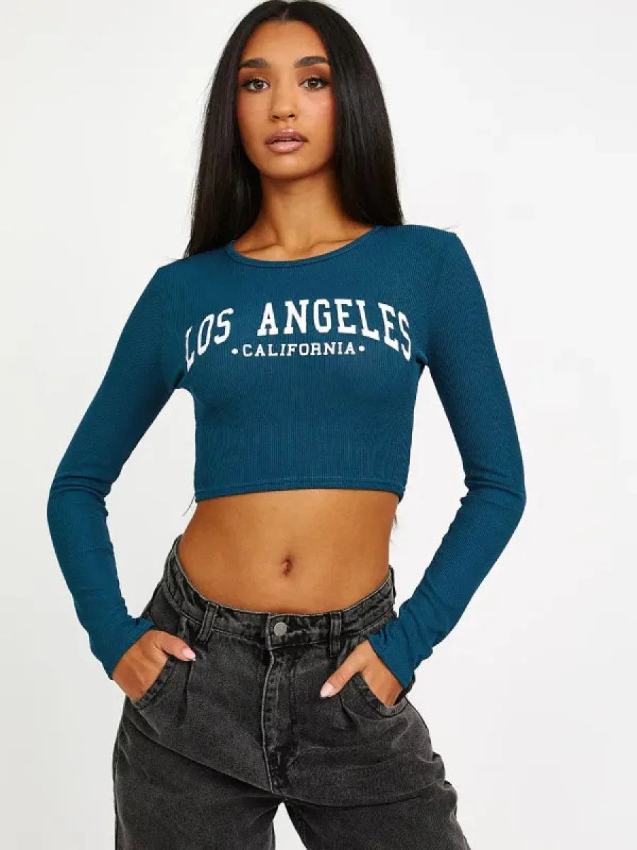 Teal Los Angeles Long Sleeves Crop Top