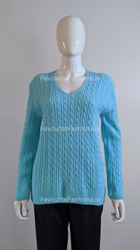 Turquoise V-Neck Cable Knit Jumper