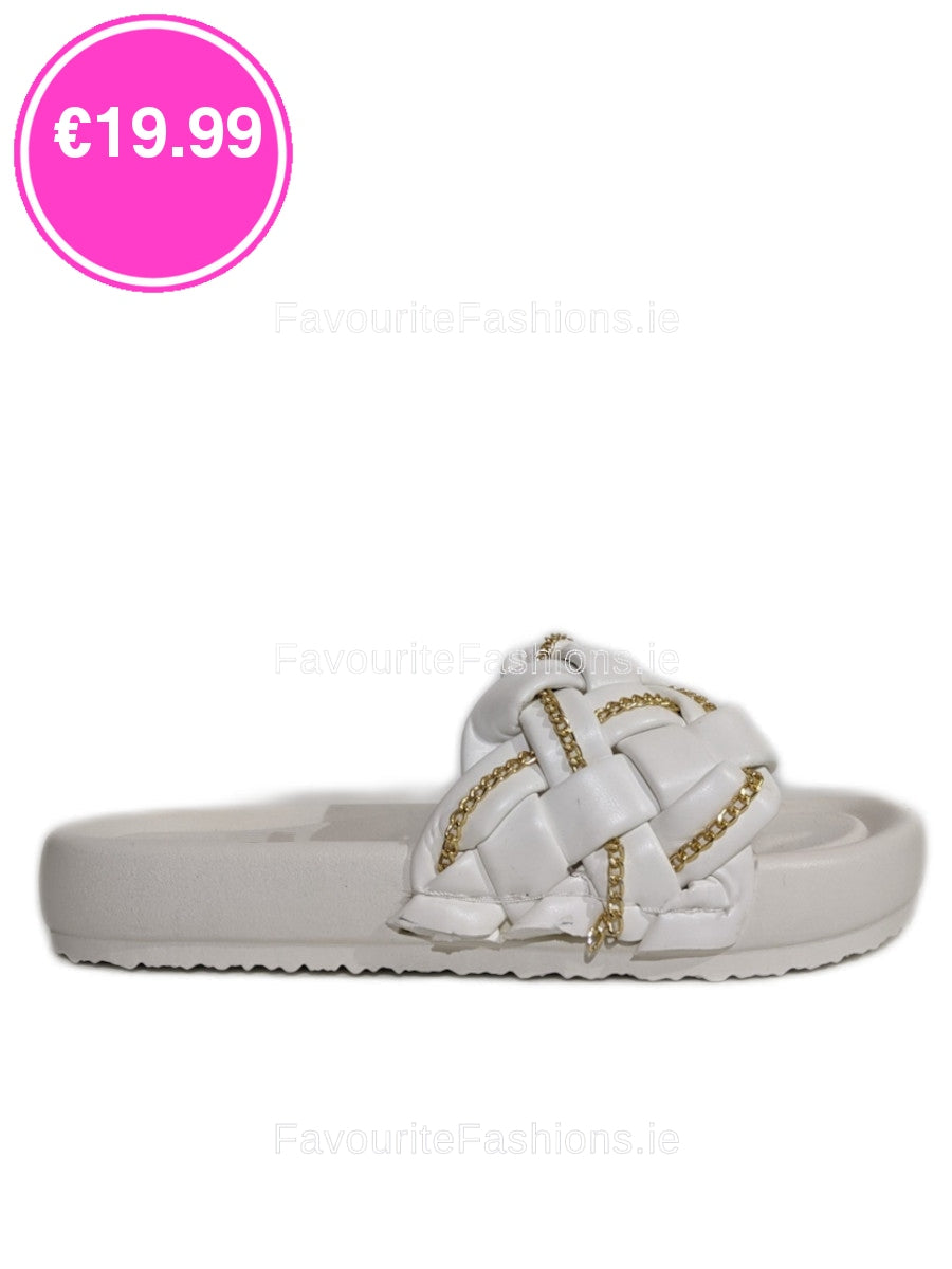 White Chain Detail Woven Chunky Sliders 